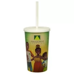Copo Plástico 600 ml Com Tampa e Canudo In Mold Label Personalizado Copo Plástico 600 ml Com Tampa e Canudo In Mold Label Personalizado