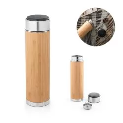 Garrafa térmico em aço inox reciclado e bambu com termómetro digital 430 mL Personalizada Garrafa térmico em aço inox reciclado e bambu com termómetro digital 430 mL Personalizada